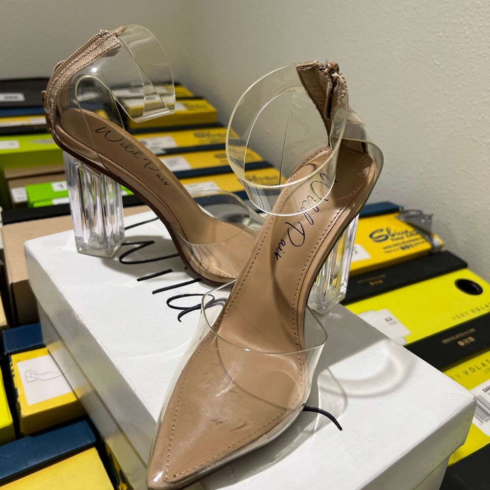 Pleaser Clear and Tan Heels